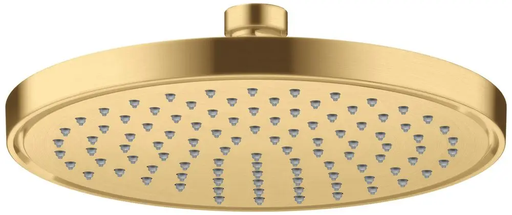 Runde Kopfbrause mit goldfarbener Oberfläche und gleichmäßig angeordneten Düsen. Von AXOR, für modernes Badezimmerdesign geeignet.